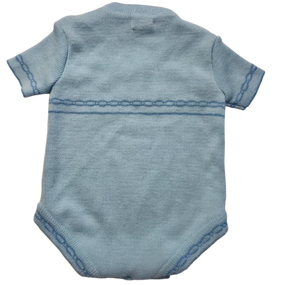 Vintage Carriage Boutiques Baby Boy Knit Romper Blue Bunny Newborn Heirloom